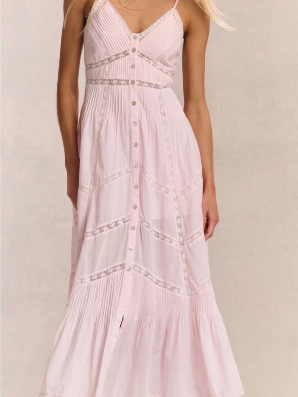 LoveShackFancy Blush Pink Lace-Trim Button-Front Maxi Dress